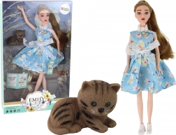Panenka Emily jarní s dlouhými vlasy v modrých šatech a koťátkem