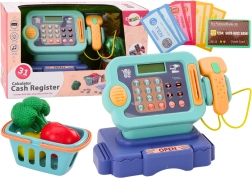 Dětská pokladna modrá s mincemi a košíkem