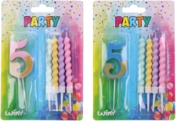 Párty svíčka číslo 5 s doplňkovými svíčkami