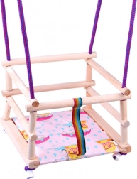 barevná dřevěná dětská houpačka s polštářkem