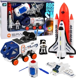 Kosmická sada s raketou, raketoplánem, satelitem, dronem, astronautem a vozítkem