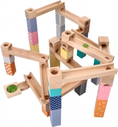 Dřevěný pastelový kuličkodrom, 53 dílů + 6 skleněných kuliček