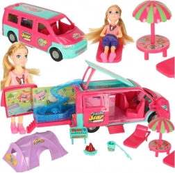 Kempinkový karavan pro panenky s příslušenstvím a bazénem