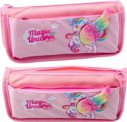 Školní penál Jednorožec s brokátovým křídlem 3D růžový