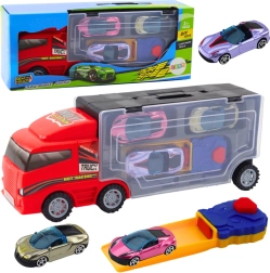 Červený kamion s mobilní garáží a vystřelovačem + 3 autíčka