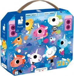 Janod puzzle v kufříku – jednorožci na koncertě, 24 dílků
