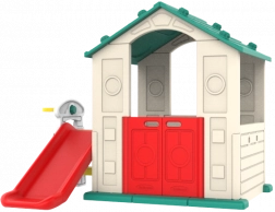Dětský zahradní domeček se zelenou střechou a skluzavkou