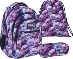 Školní set BackUP Violet Flowers 3v1 – batoh, penál a vak