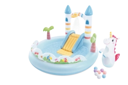 Nafukovací hrací centrum Jednorožčí hrad se skluzavkou a vodní sprškou