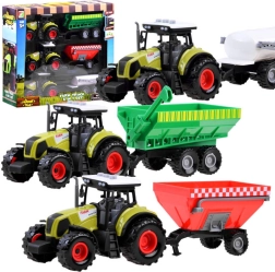 sada tří traktorů s odnímatelnými přívěsy pro malé farmáře