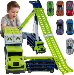 Nákladní auto se skluzavkou a 6 kovovými autíčky