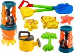 Barevná sada na písek s mlýnkem, lopatkou, hráběmi, konevkou a formičkami – 10 dílů
