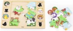 Dřevěné puzzle na podložce Viga – přiřaď stíny, farma