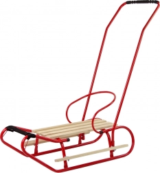 Kovové sáňky s opěrkou a tlačnou rukojetí – červené