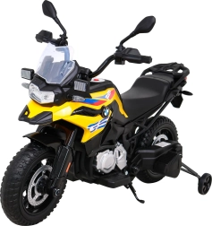 Dětská elektrická motorka BMW F850 GS žlutá s pomocnými kolečky, LED a audio