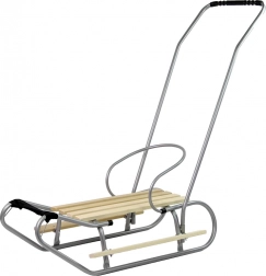 Kovové sáně s opěrkou a tlačným madlem, tažný popruh, stříbrné