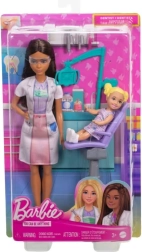 Barbie dentistka s pacientkou – panenka s tmavými vlasy a zubařskými doplňky
