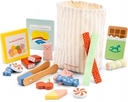 Dřevěná sada cukrovinek s taškou a kleštičkami