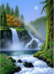 Diamantová mozaika (diamond painting) vodopád s duhou 30 × 40 cm - 1 kus