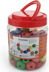 navlékání dřevěných korálků v dóze