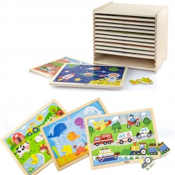 Dřevěné puzzle Viga – sada 12 rámových skládaček po 24 dílcích na stojanu