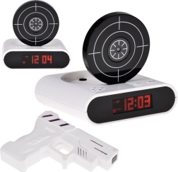 Budík se střeleckým terčem a pistolí, hra a nahrávání alarmu