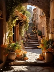 Diamantové malování ulička zdobená květinami 30 × 40 cm