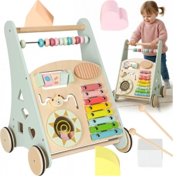 dřevěný chodítko pchací s aktivitami a počítadlem, modré