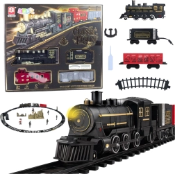 Elektrická vláčková sada s parní lokomotivou, vagony a kolejemi se světlem