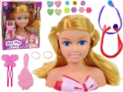 Stylovací hlava panenky s korálky, sponkami a barevnými pramínky