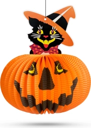 Halloweenský papírový lampion dýně s motivem kočky – 1 kus