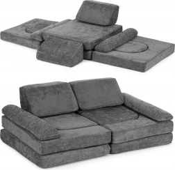 Skládací modulární dětská pohovka pro 2 děti z 10 dílů z měkké čalouněné látky – šedá ECOTOYS