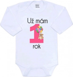 Dojčenské body s potiskem New Baby Už mám 1 rok, růžové, vel. 86
