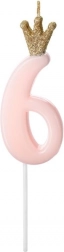 Dortová svíčka růžová s číslem 6 a korunkou