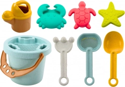 Pastelová sada na písek s kyblíkem, lopatkou, hráběmi, sítkem a formičkami