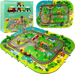 Pěnová 3D městská podložka s vláčkem na baterie, kolejemi a doplňky 56 ks HUMBI