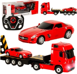 Rastar RC kamion MERCEDES-BENZ Actros se sportovním vozem SLS AMG 1:26 červený