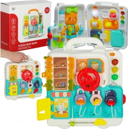 Smyslová manipulační tabule ve tvaru kufříku s volantem a medvídkem, světlo a zvuk