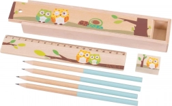 Dřevěný penál se sovičkami Bigjigs Toys – modrý
