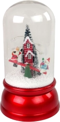 Vánoční skleněná koule se sněhem a SANTOU, červená, LED a hudba