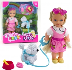 Mini panenka s pejskem na vodítku a miskou s kostí