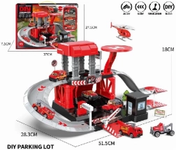 Parkovací sada s hasičskými kovovými auty a helikoptérou