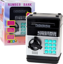 Černý sejf skleněná pokladnička s PIN kódem a světelnými a zvukovými efekty