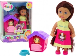 Mini panenka s dlouhými vlasy a pestrobarevnou sukýnkou se psem a boudou