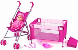 WOODY Dětská sada s kočárkem a postýlkou