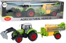 Traktor s nakladačem a postřikovačem zelený
