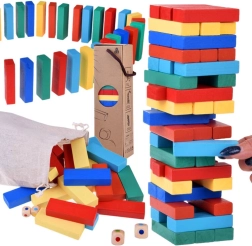 dřevěná věž JENGA – barevné balanční kostky s kostkami