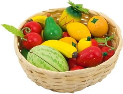 Dřevěné ovoce v košíku – sada 23 ks