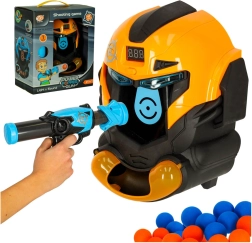 střelecká hra s robotickou hlavou a pěnovými kuličkami