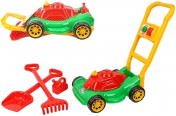 dětská plastová sekačka na trávu s doplňky v síťce